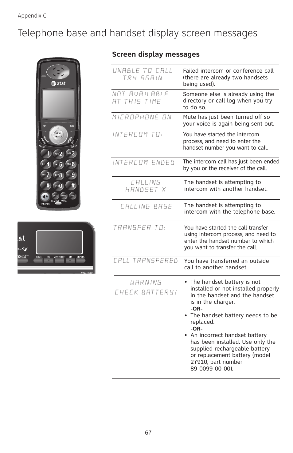 Telephone base and handset display screen messages, Screen display messages | AT&T TL74458 User Manual | Page 72 / 97