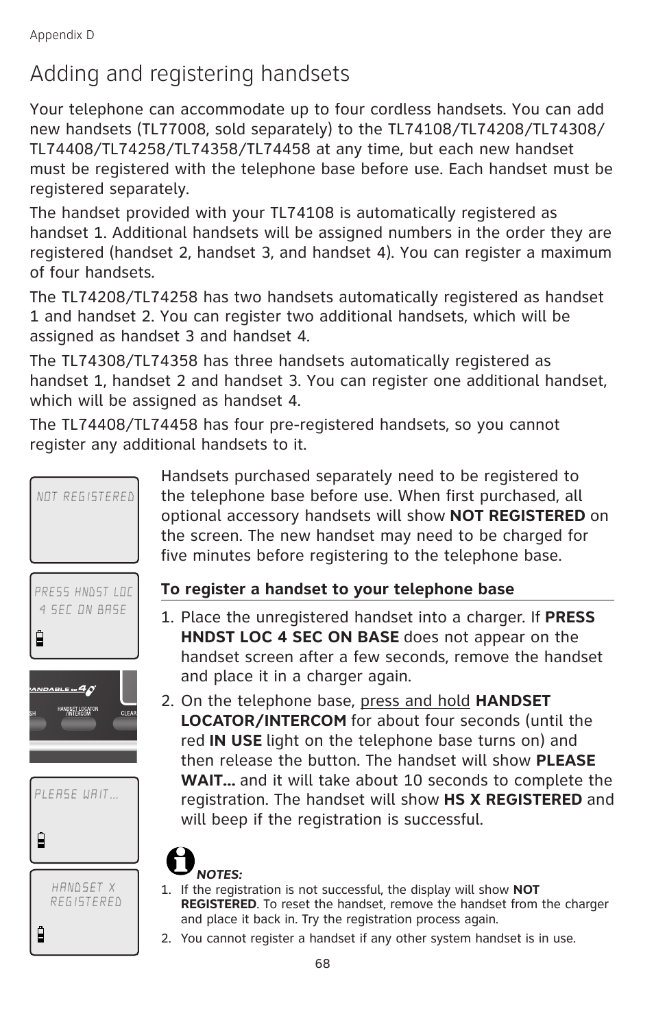 To register a handset to your telephone base, Adding and registering handsets | AT&T TL74458 User Manual | Page 73 / 97