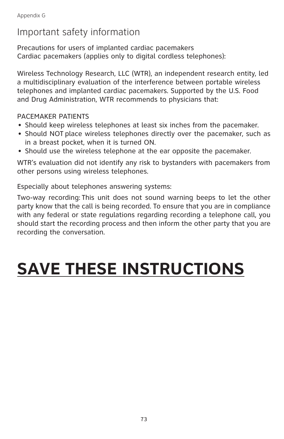 Save these instructions, Important safety information | AT&T TL74458 User Manual | Page 78 / 97