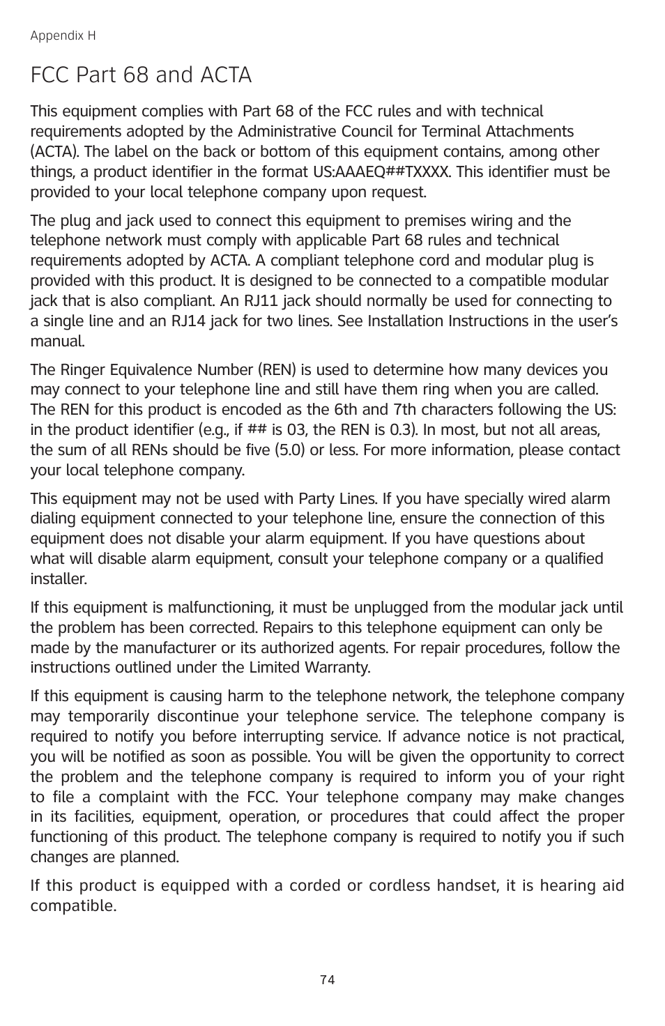 Fcc part 68 and acta | AT&T TL74458 User Manual | Page 79 / 97