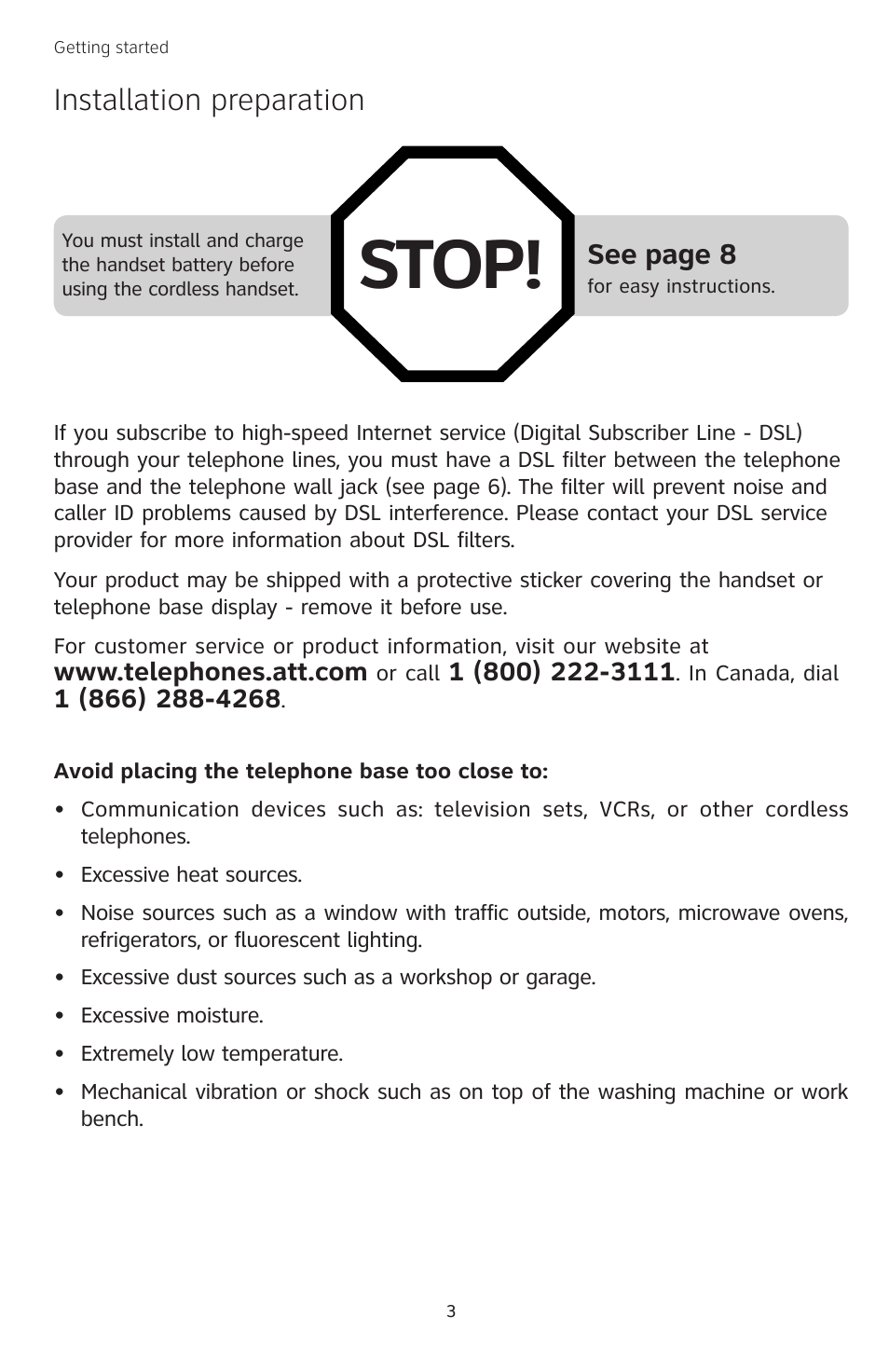 Installation preparation, Stop, See page 8 | AT&T TL74458 User Manual | Page 8 / 97