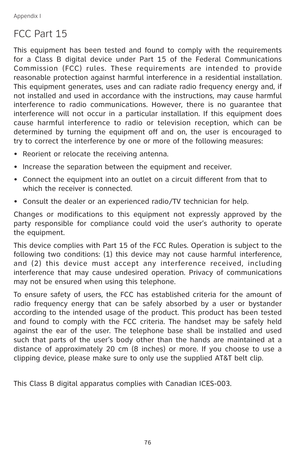 Fcc part 15 | AT&T TL74458 User Manual | Page 81 / 97