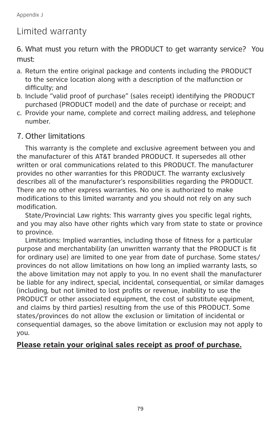 Limited warranty | AT&T TL74458 User Manual | Page 84 / 97