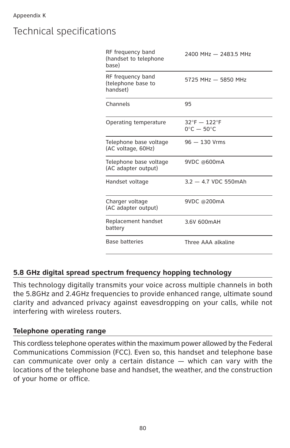 Technical specifications, Telephone operating range | AT&T TL74458 User Manual | Page 85 / 97
