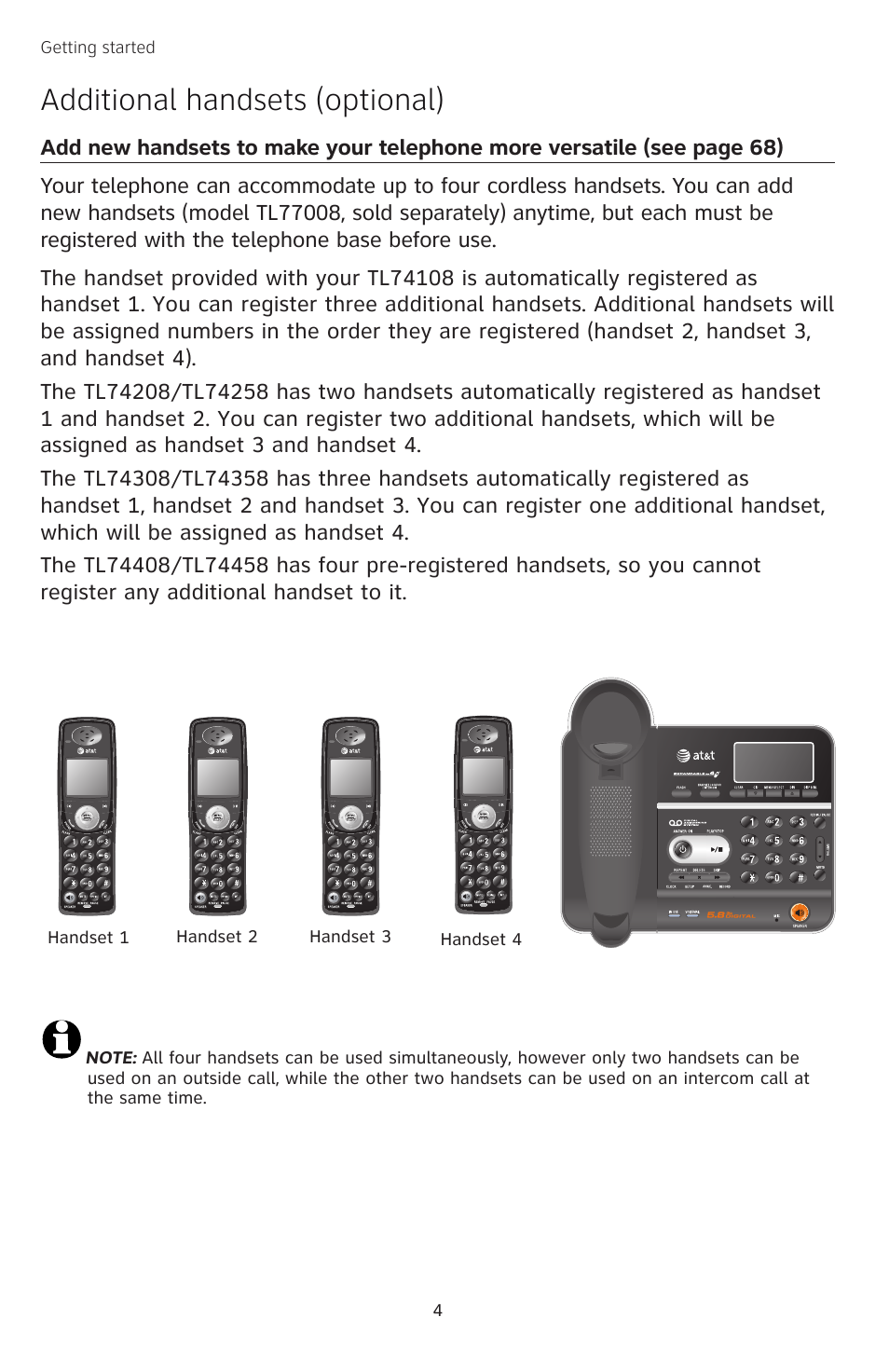 Additional handsets (optional) | AT&T TL74458 User Manual | Page 9 / 97