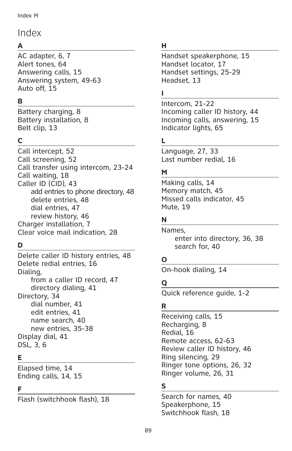 Index | AT&T TL74458 User Manual | Page 94 / 97
