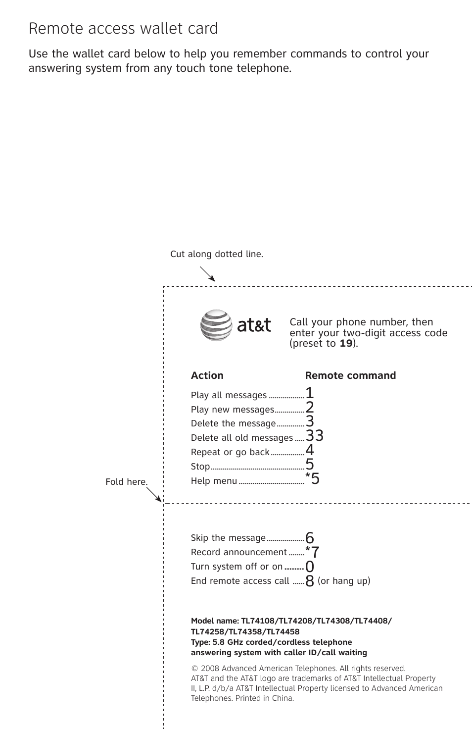 Remote access wallet card | AT&T TL74458 User Manual | Page 96 / 97