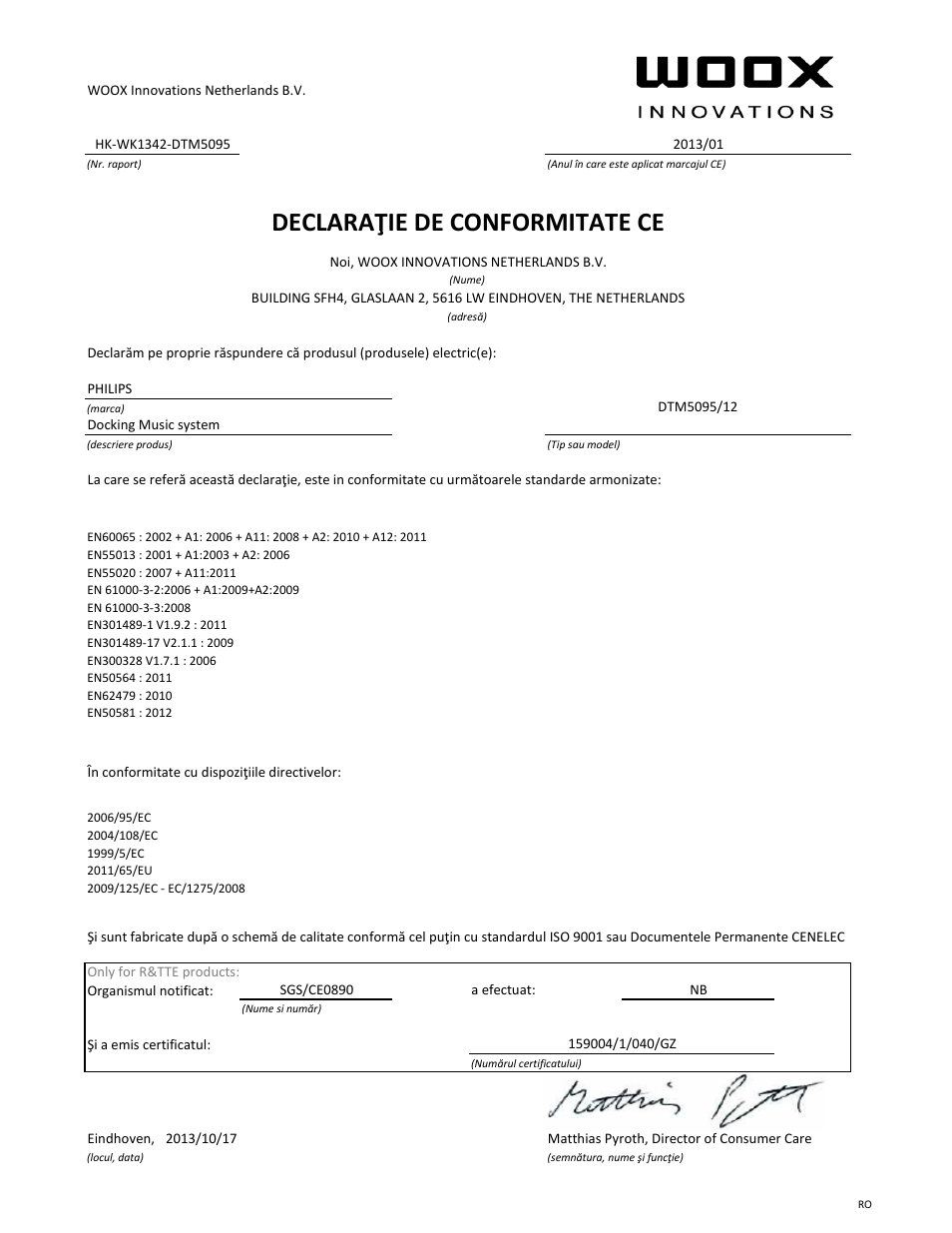 Declaraţie de conformitate ce | Philips Fidelio Station d'accueil User Manual | Page 12 / 21