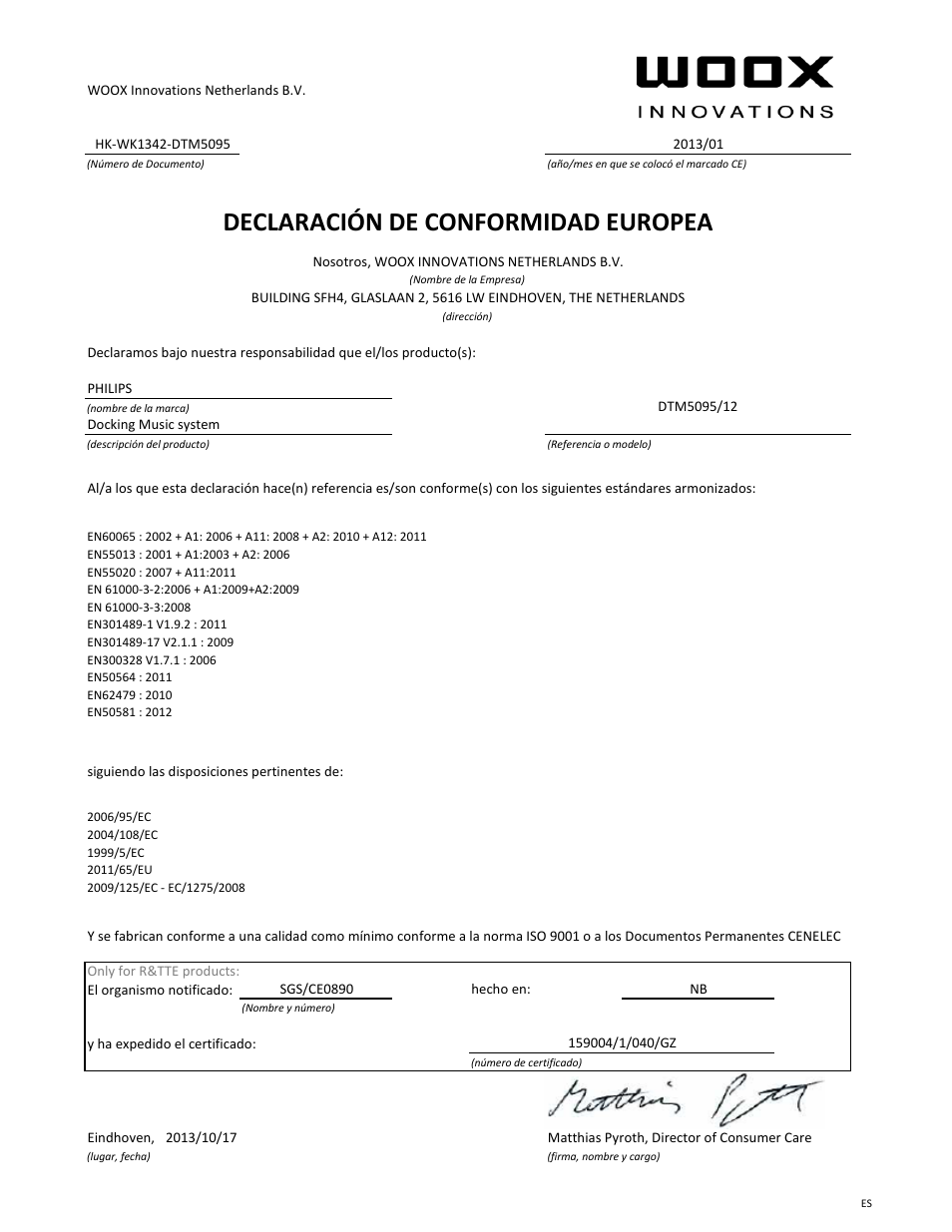 Declaració n de conformidad europea | Philips Fidelio Station d'accueil User Manual | Page 7 / 21