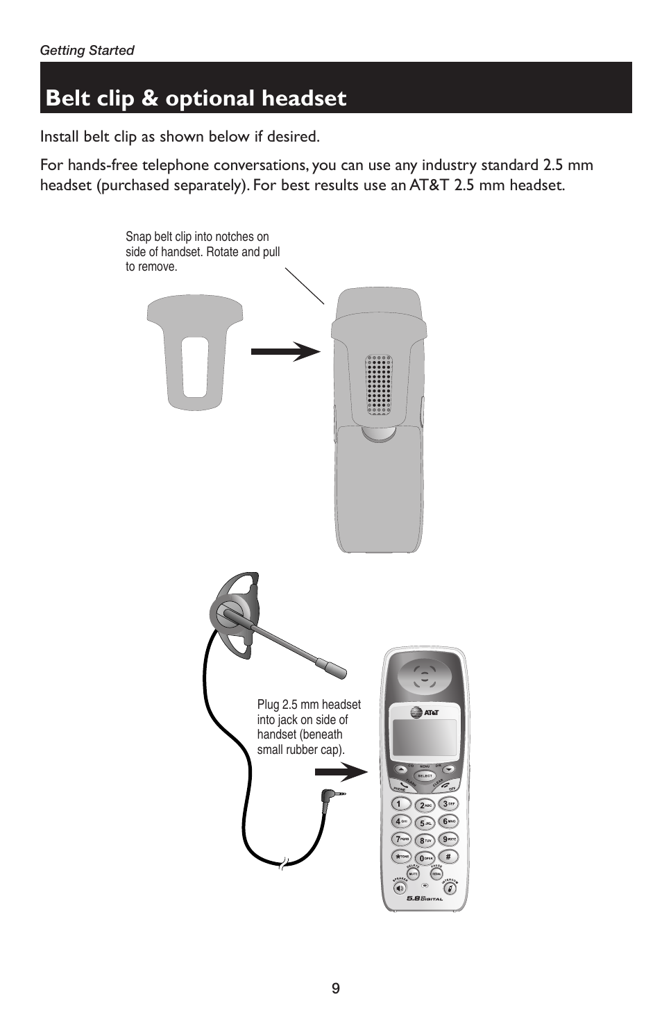 Belt clip & optional headset | AT&T E5654B User Manual | Page 11 / 61