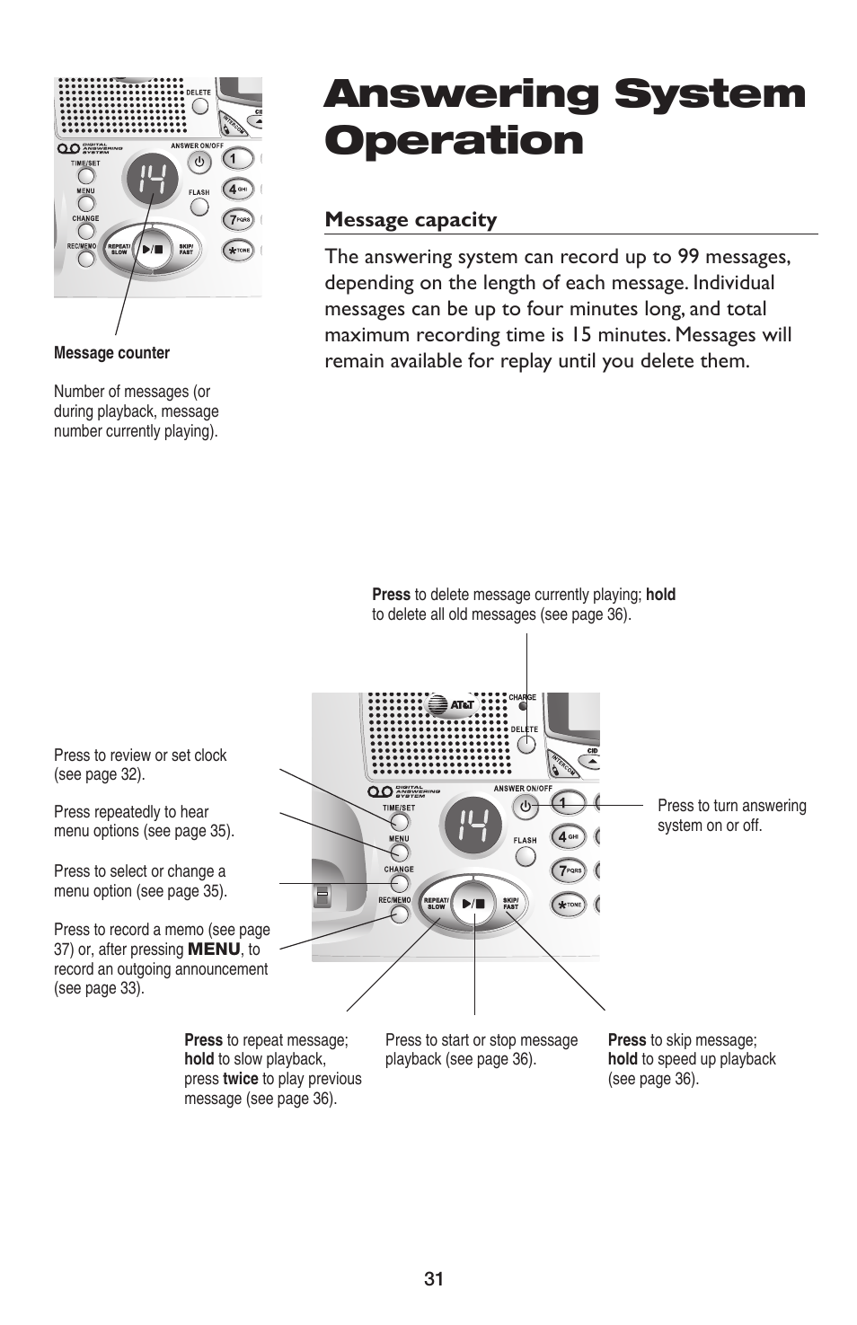 Answering system operation | AT&T E5654B User Manual | Page 33 / 61