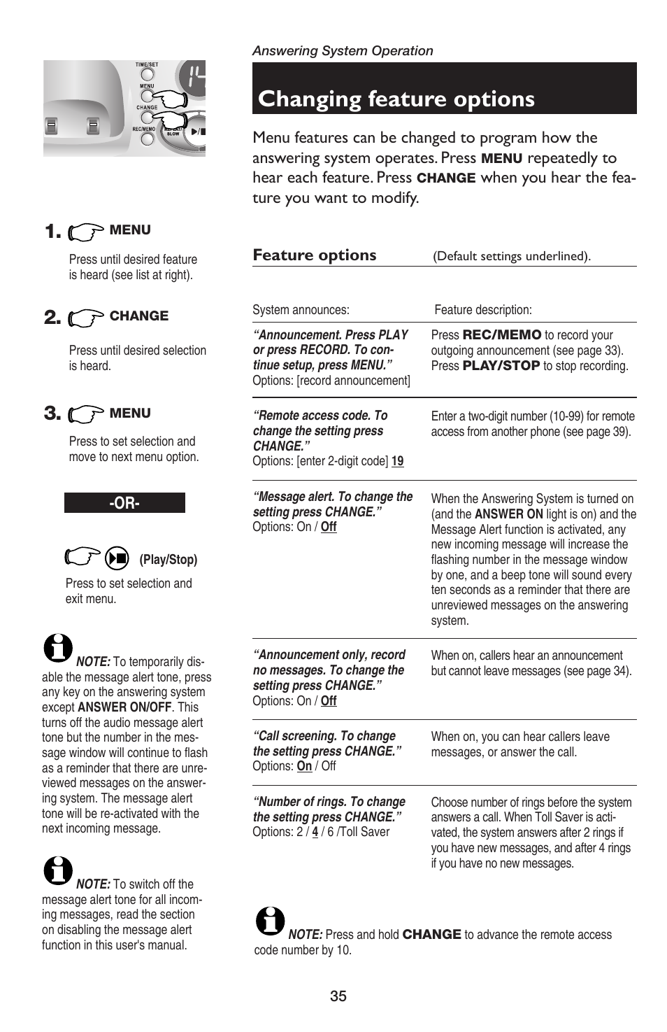 Changing feature options, Repeatedly to hear each feature. press | AT&T E5654B User Manual | Page 37 / 61