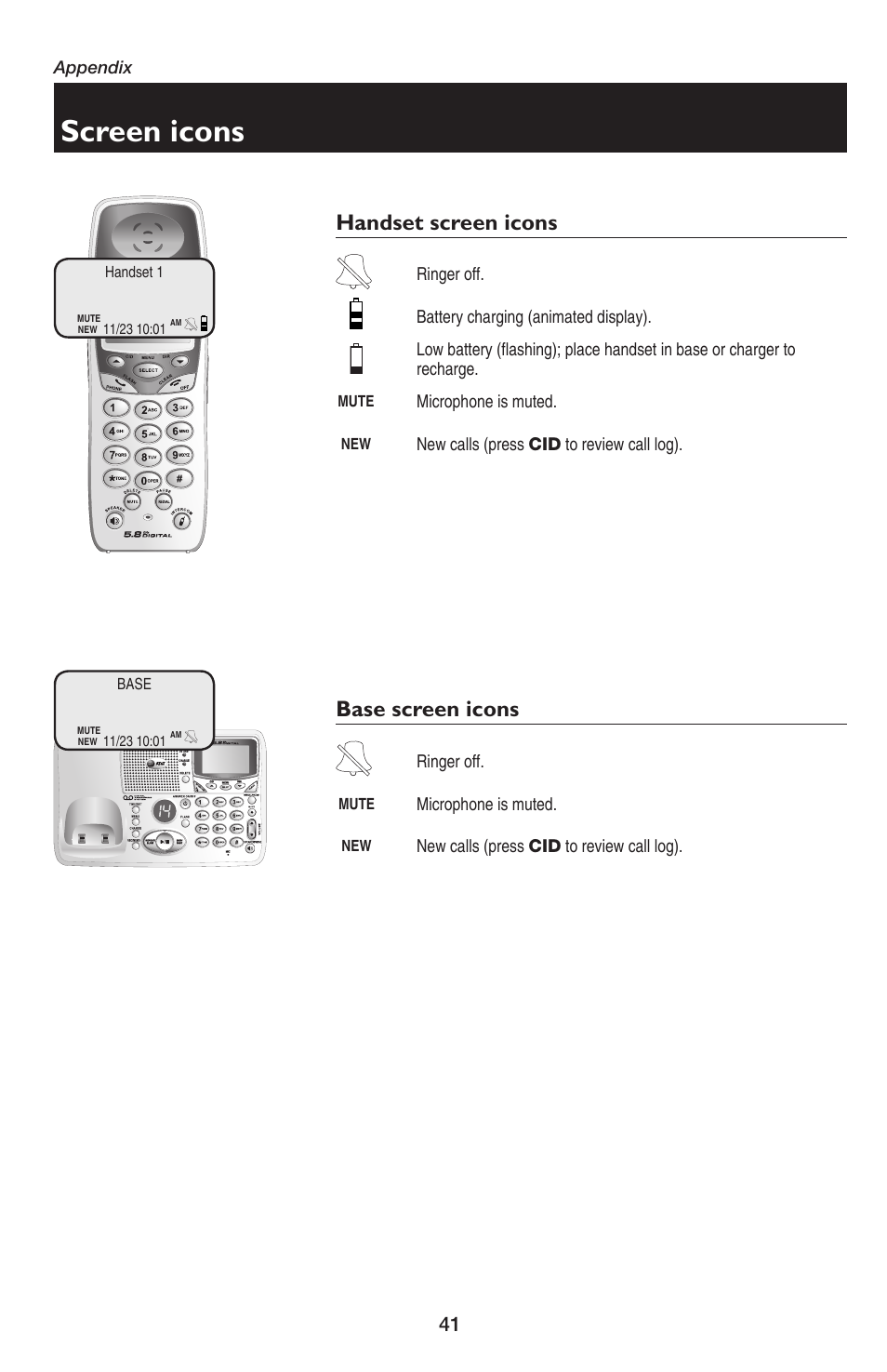 Screen icons, Base screen icons, Handset screen icons | AT&T E5654B User Manual | Page 43 / 61