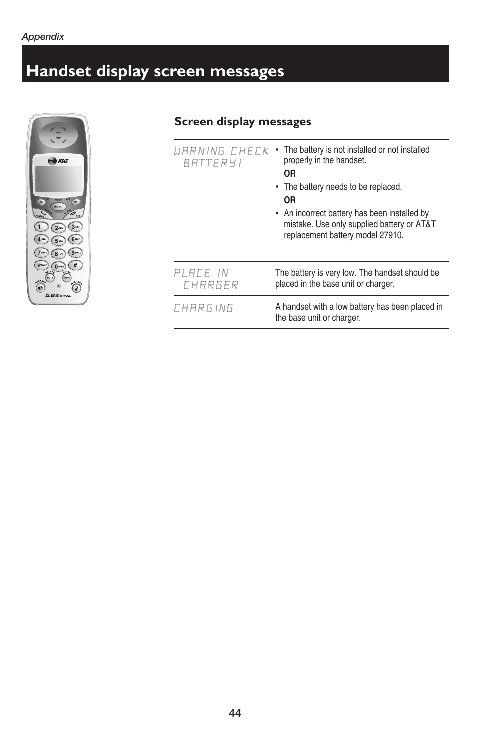 Handset display screen messages, Screen display messages | AT&T E5654B User Manual | Page 46 / 61