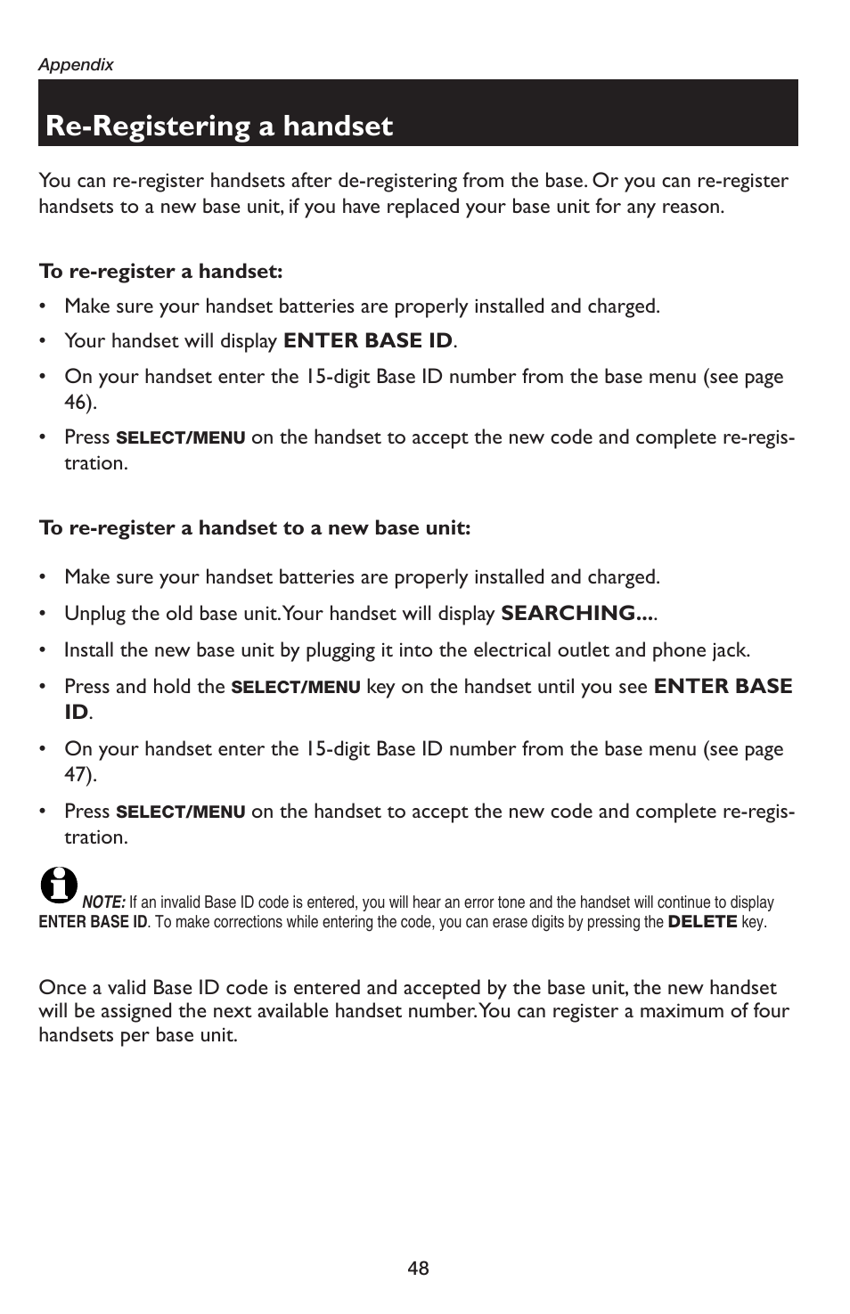 Re-registering a handset | AT&T E5654B User Manual | Page 50 / 61