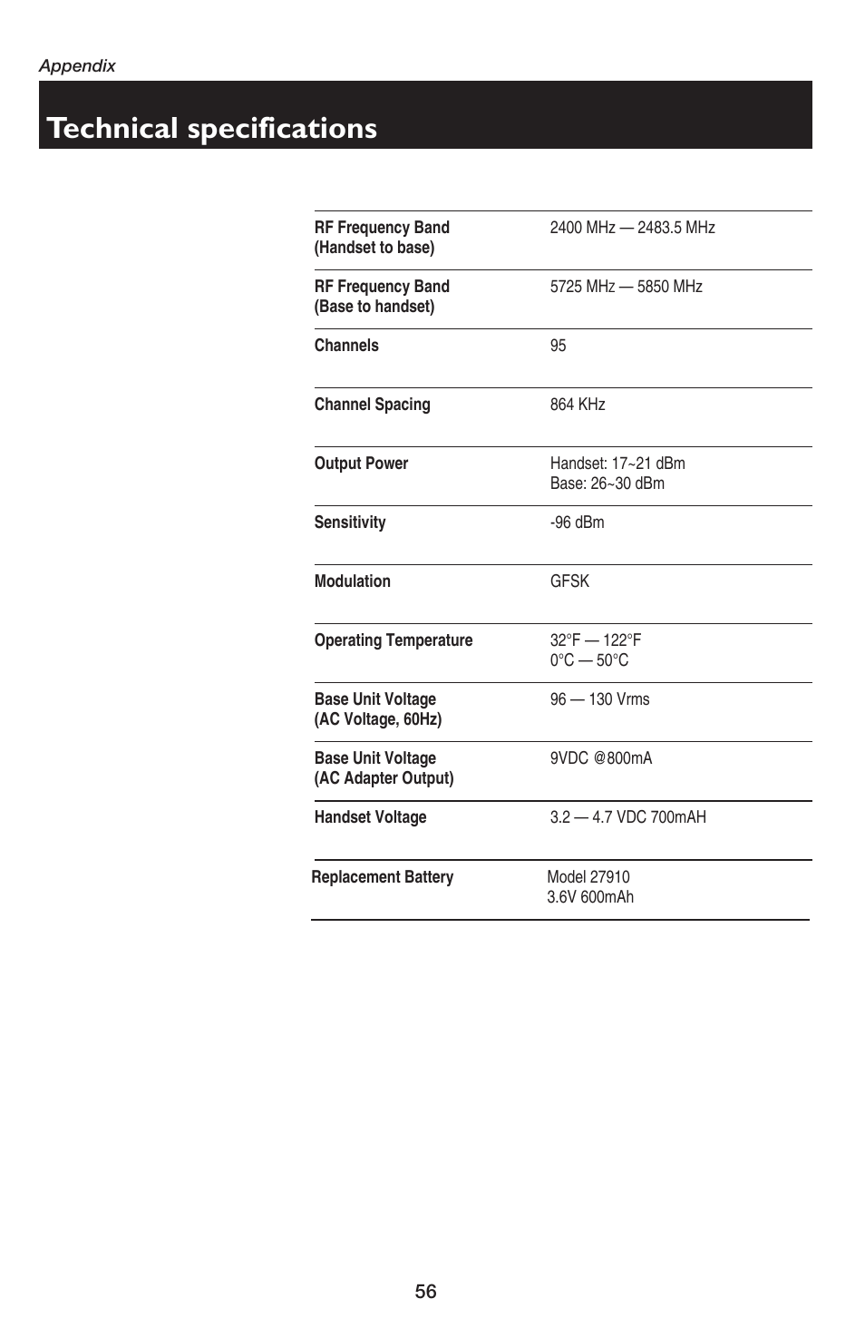 Technical specifications | AT&T E5654B User Manual | Page 58 / 61