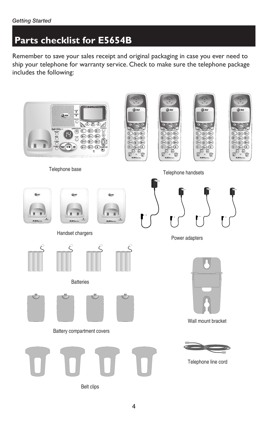 Parts checklist for e5654b | AT&T E5654B User Manual | Page 6 / 61