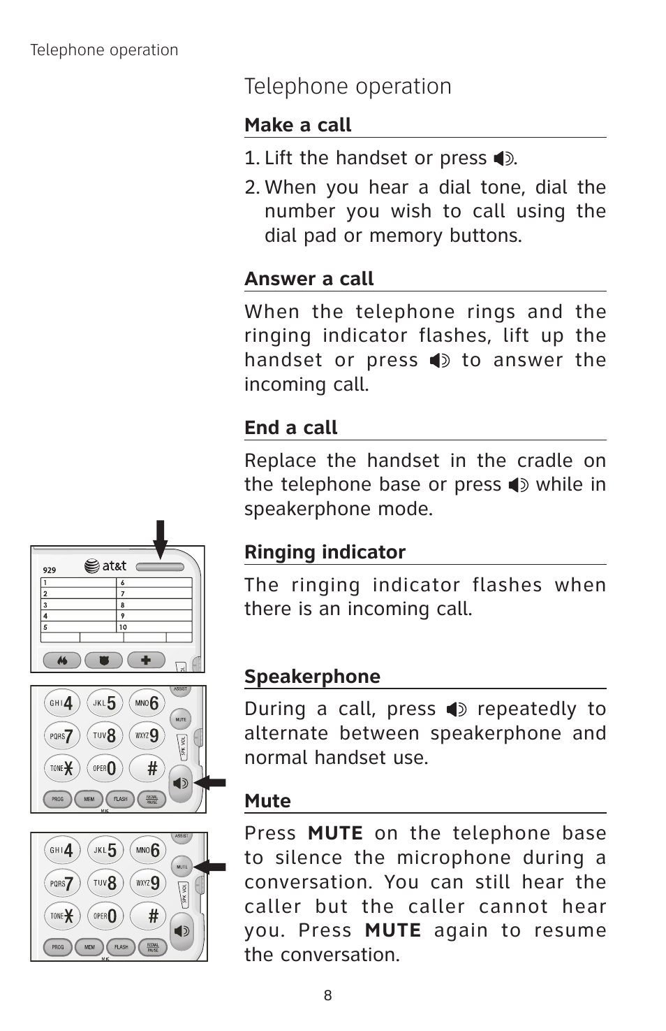 Telephone operation | AT&T 929 User Manual | Page 10 / 20