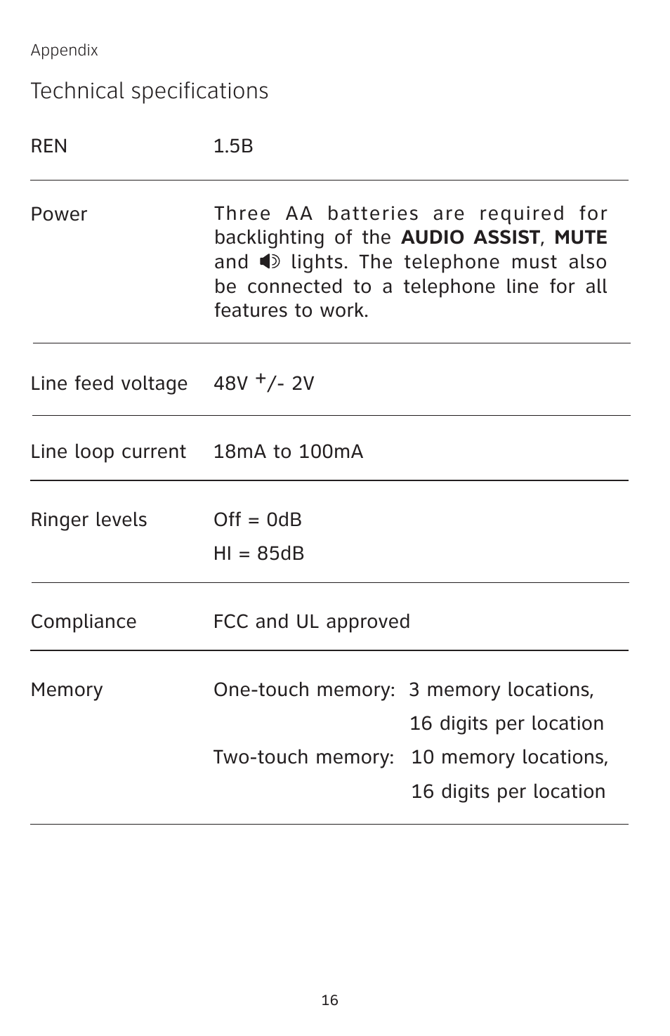 Technical specifications | AT&T 929 User Manual | Page 18 / 20