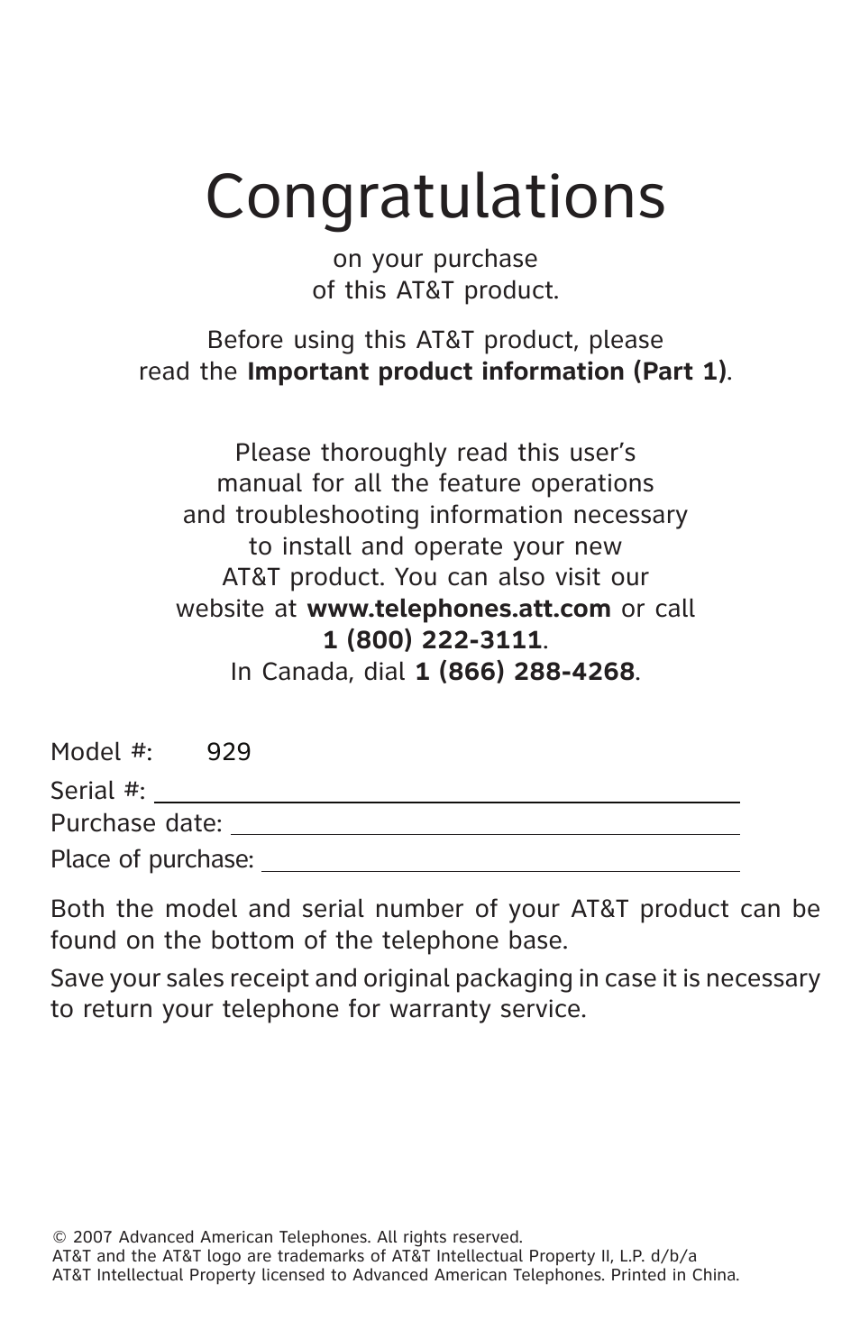 AT&T 929 User Manual | Page 2 / 20