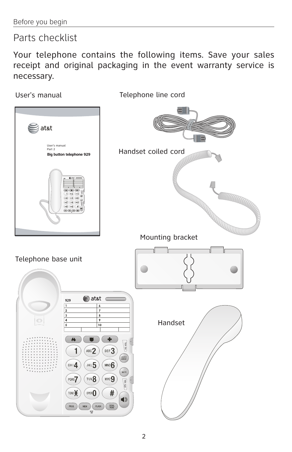 Parts checklist | AT&T 929 User Manual | Page 4 / 20