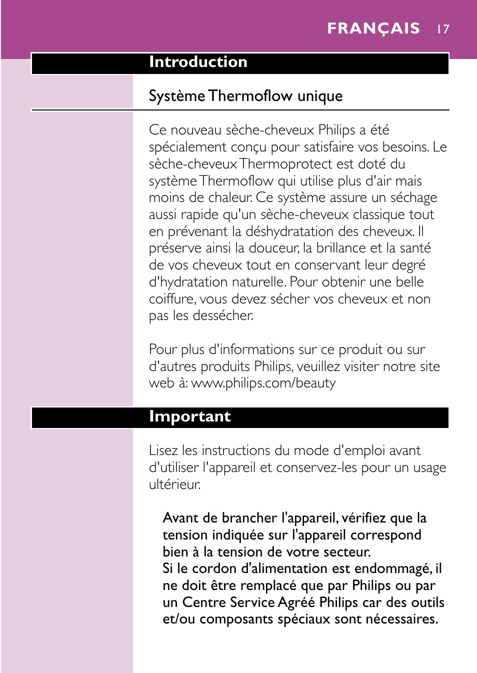 Français 17 | Philips Sèche-cheveux User Manual | Page 17 / 96