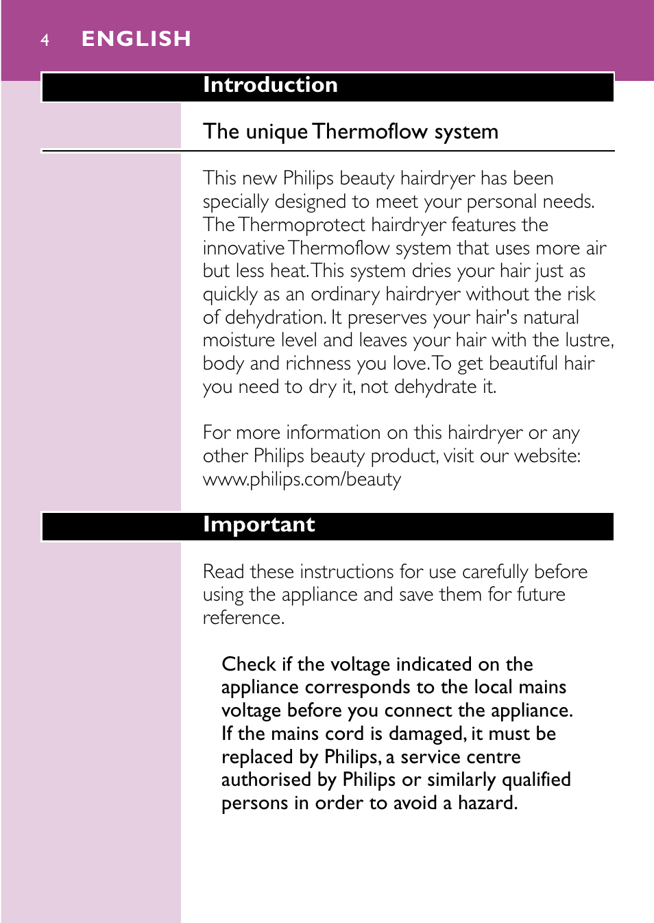 English 4 | Philips Sèche-cheveux User Manual | Page 4 / 96