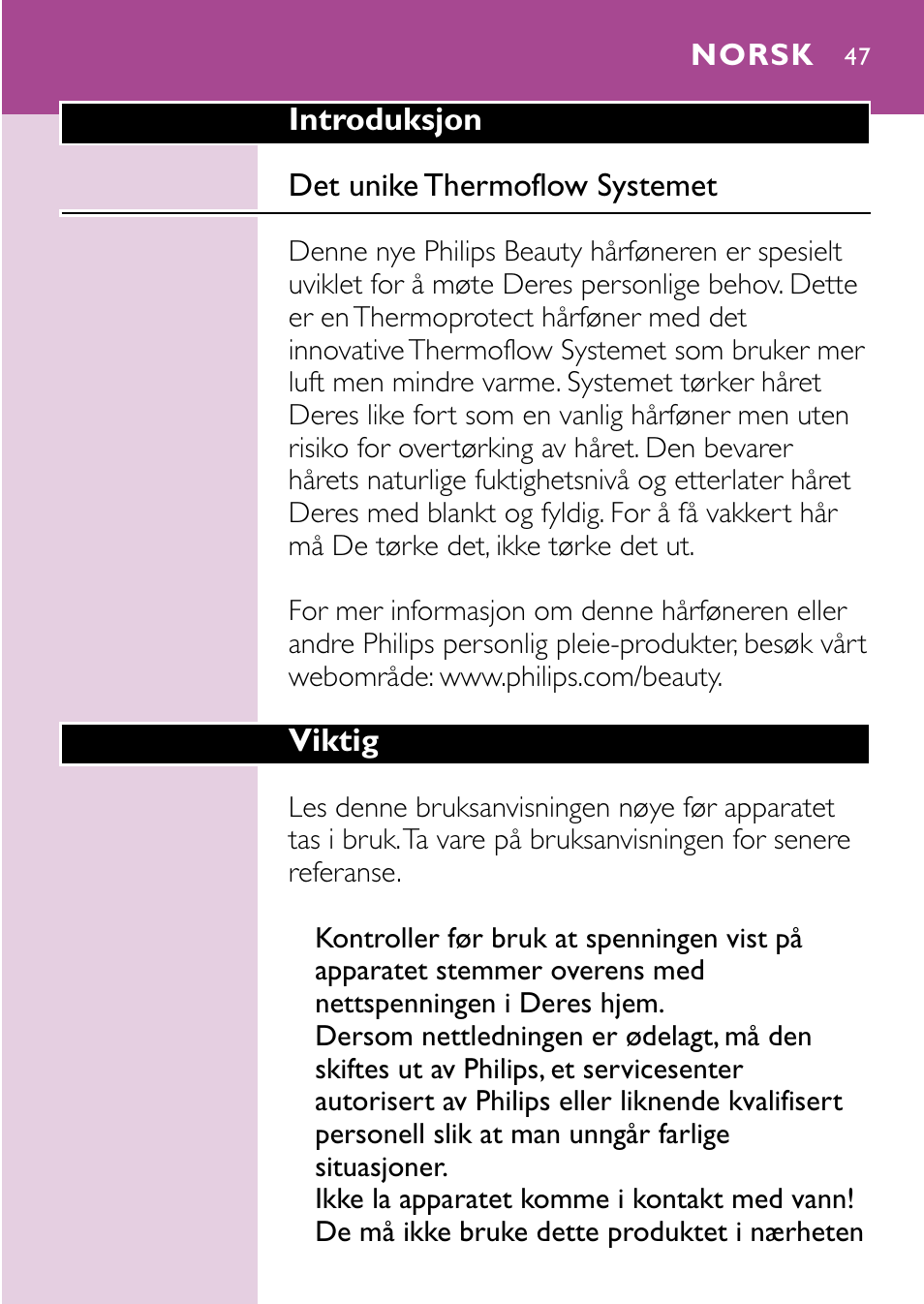 Norsk 47 | Philips Sèche-cheveux User Manual | Page 47 / 96