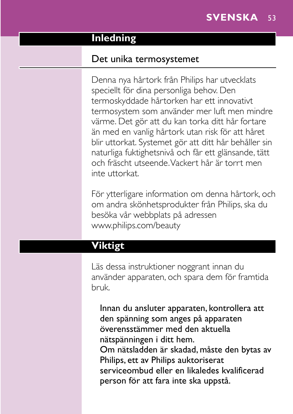Svenska 53 | Philips Sèche-cheveux User Manual | Page 53 / 96