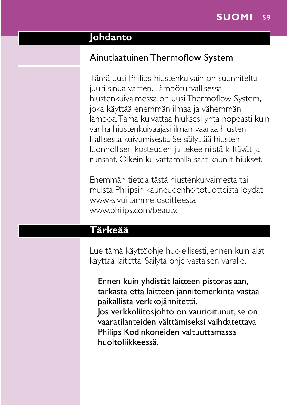 Suomi 59 | Philips Sèche-cheveux User Manual | Page 59 / 96