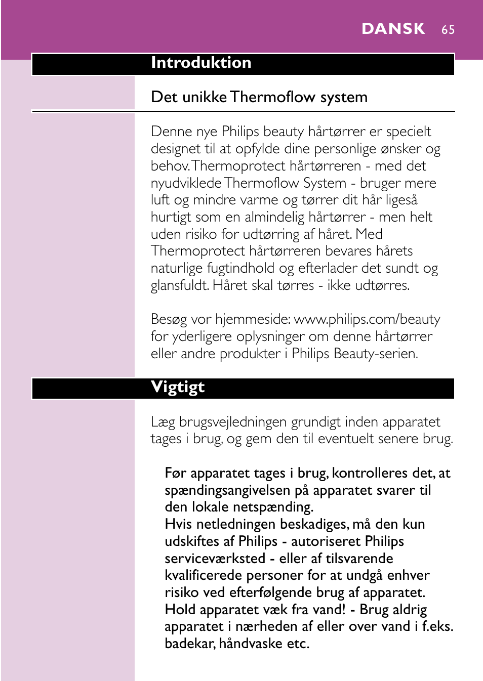 Dansk 65 | Philips Sèche-cheveux User Manual | Page 65 / 96