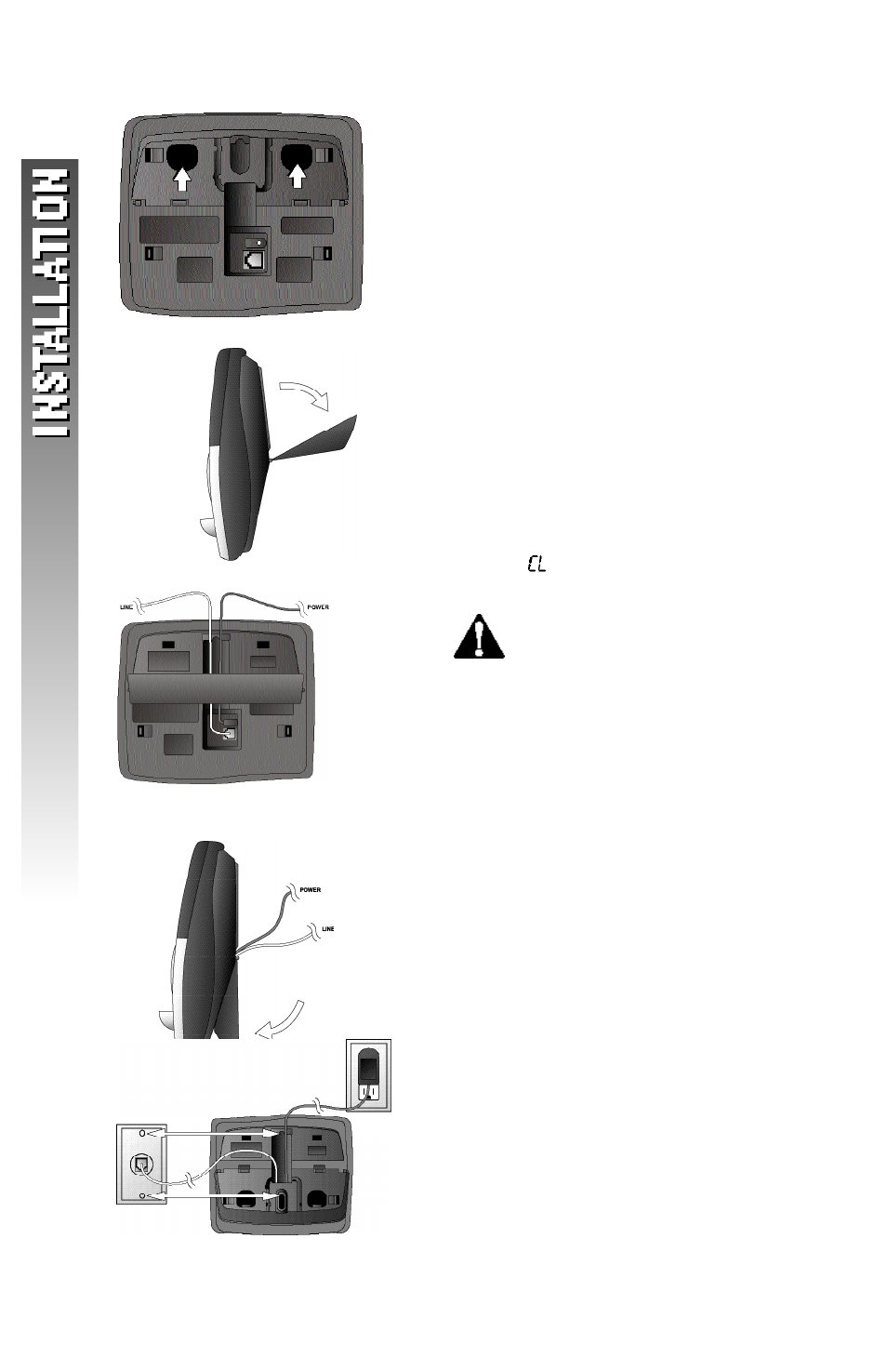 Wall installation, Press the tabs as indicated, Flip the base extension open | Connect the telephone line cord, Connect the power cord, Snap the base extension down firmly, Mount the base on the wall, Follow steps 3–5 in “table/desk installation | AT&T 2256 User Manual | Page 9 / 70