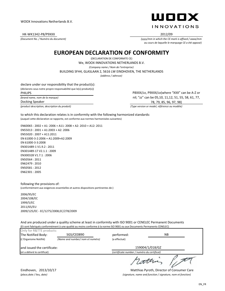 European declaration of conformity | Philips Fidelio enceinte portable sans fil User Manual | Page 2 / 21