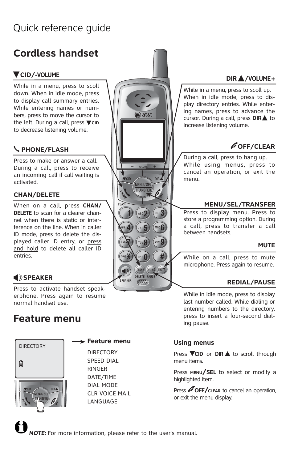 Quick reference guide cordless handset, Feature menu | AT&T E5833B User Manual | Page 4 / 6