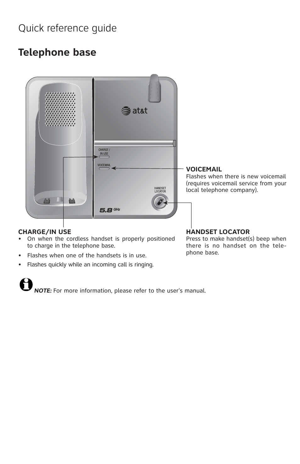 Quick reference guide telephone base | AT&T E5833B User Manual | Page 5 / 6