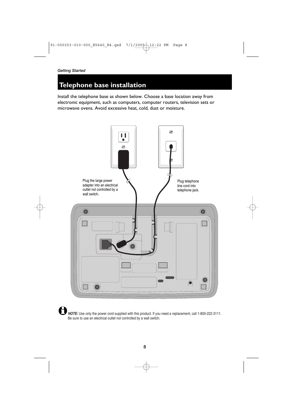 Telephone base installation | AT&T E5643B User Manual | Page 10 / 45