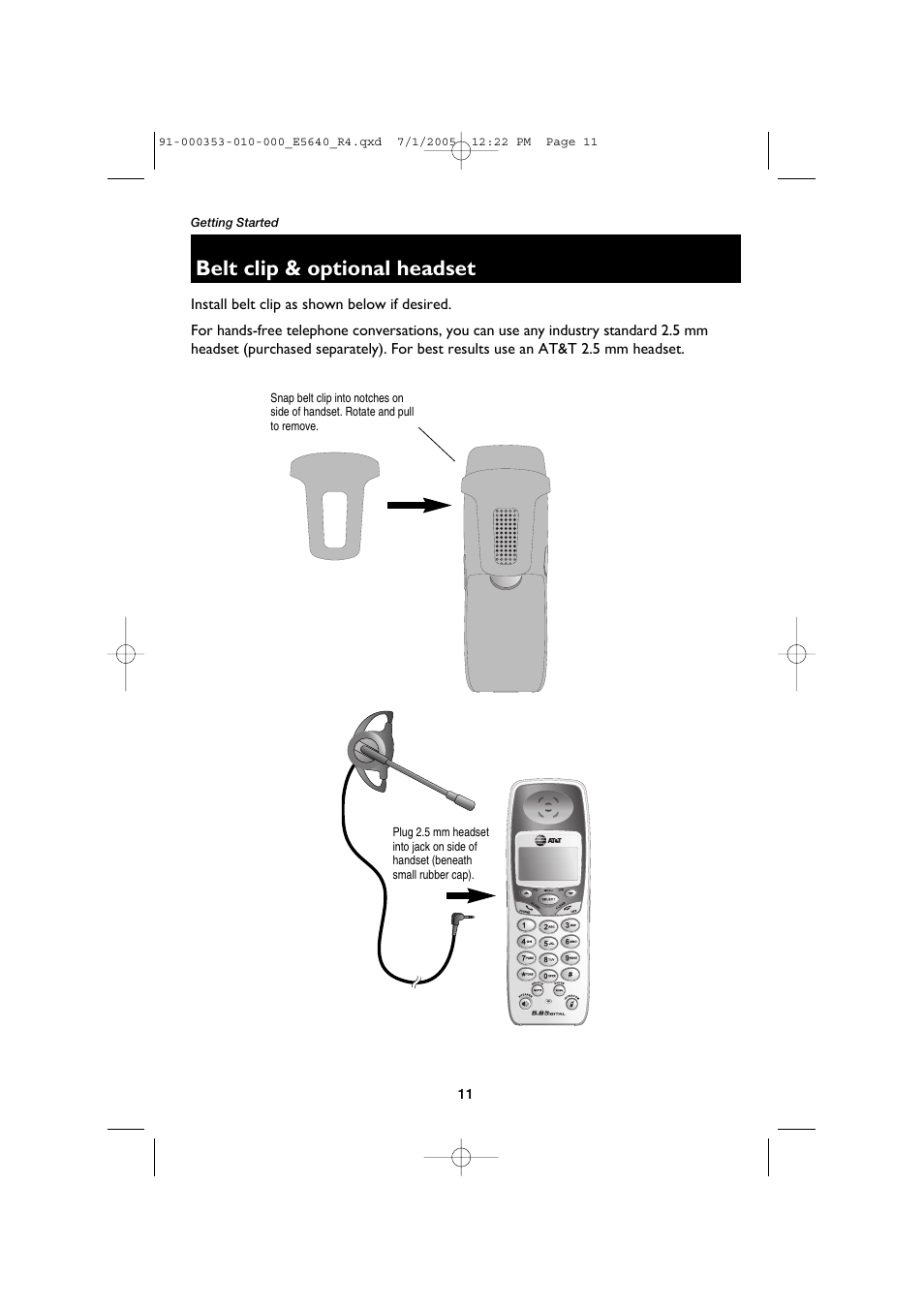 Belt clip & optional headset | AT&T E5643B User Manual | Page 13 / 45