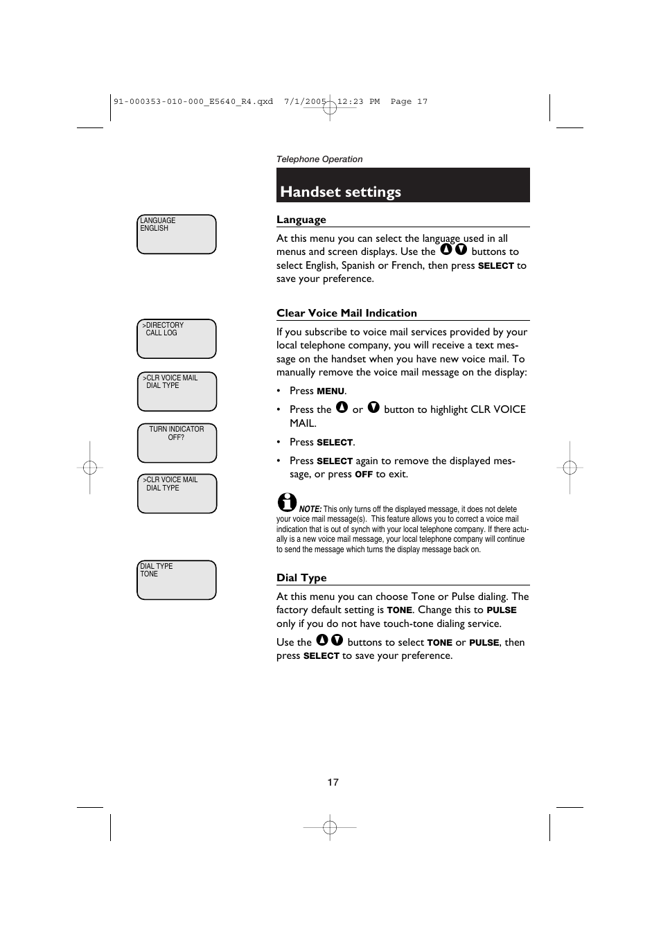 Language, Clear voice mail indication, Dial type | Handset settings | AT&T E5643B User Manual | Page 19 / 45