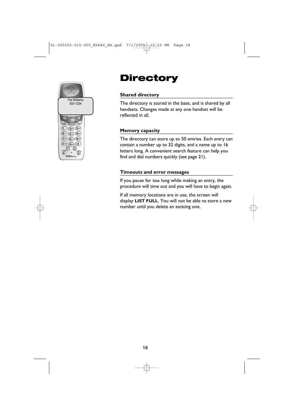 Directory, Shared directory, Memory capacity | Timeouts and error messages | AT&T E5643B User Manual | Page 20 / 45