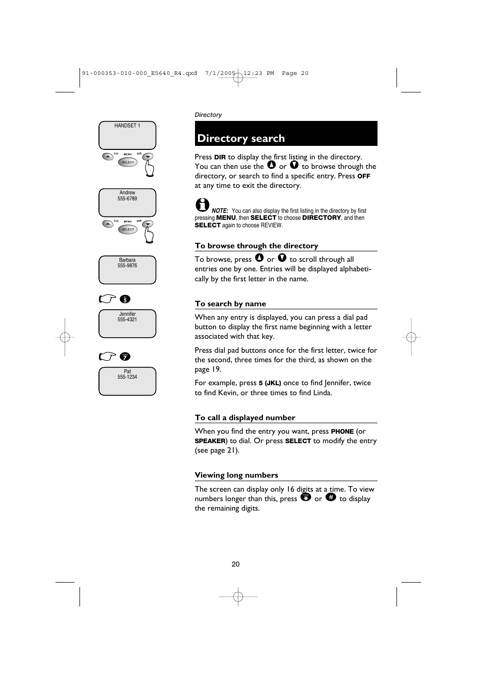 Directory search, To browse through the directory, To search by name | To call a displayed number, Viewing long numbers | AT&T E5643B User Manual | Page 22 / 45