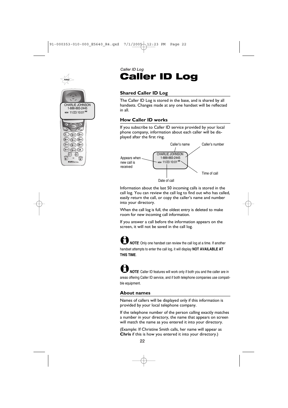 Caller id log, Shared caller id log, How caller id works | About names | AT&T E5643B User Manual | Page 24 / 45