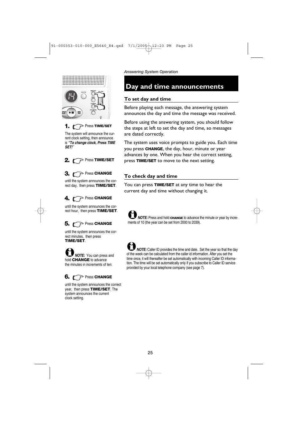 Day and time announcements, To set day and time, To check day and time | AT&T E5643B User Manual | Page 27 / 45