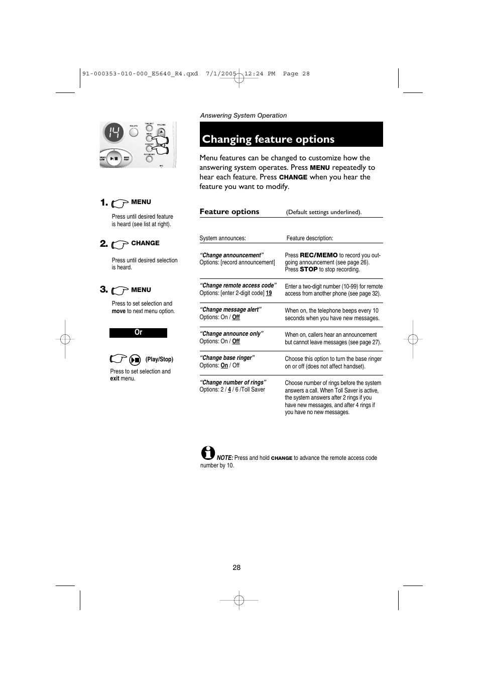 Changing feature options, Feature options | AT&T E5643B User Manual | Page 30 / 45