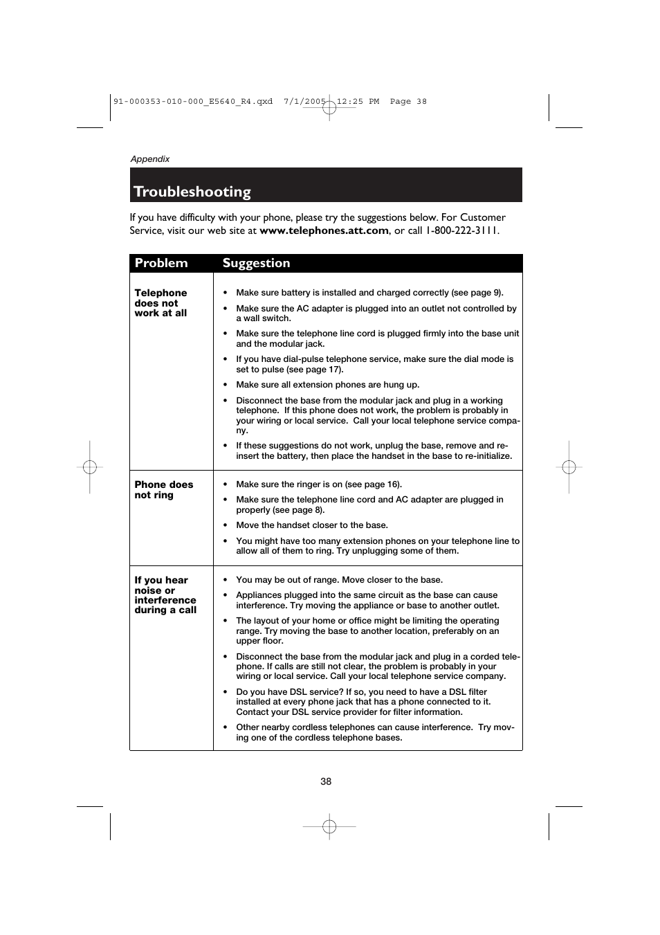 Troubleshooting, Problem suggestion | AT&T E5643B User Manual | Page 40 / 45