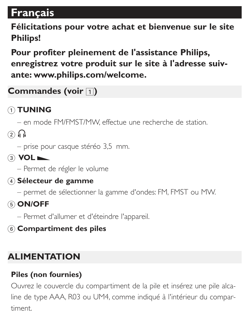 Français | Philips Radio portable User Manual | Page 3 / 10