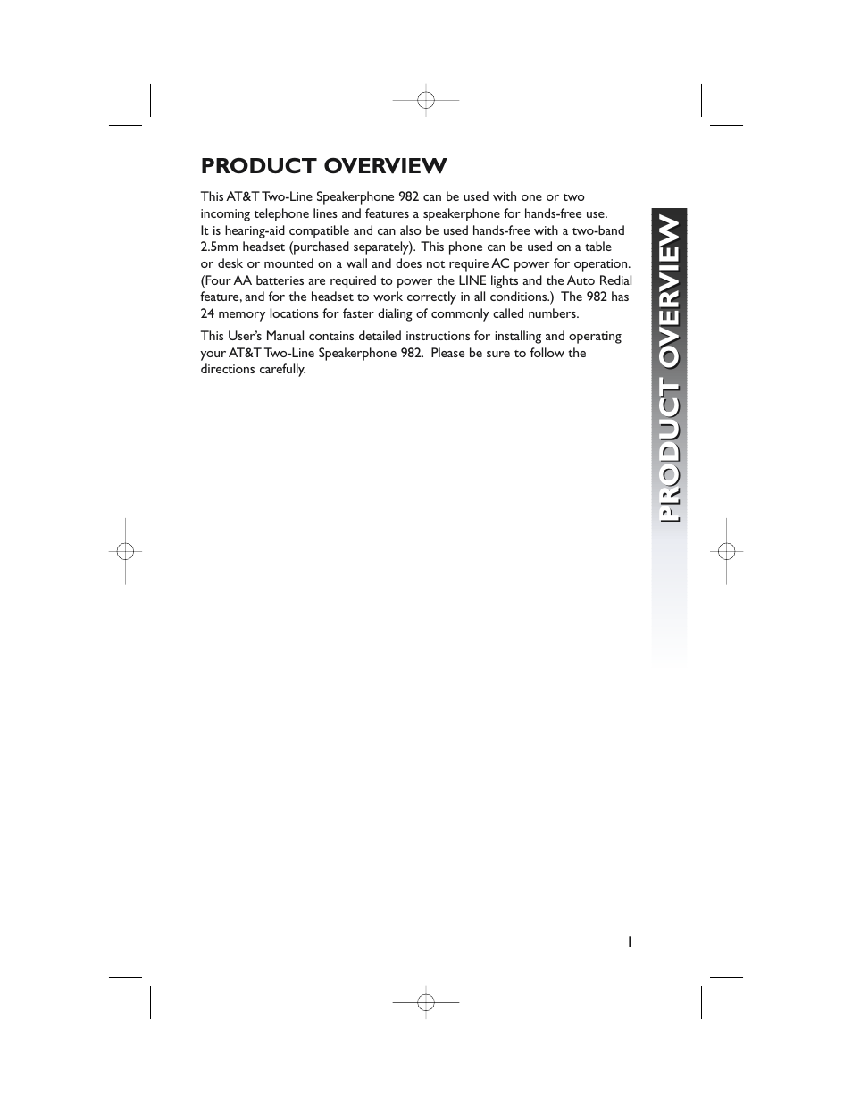 Pr oduct o v er view pr oduct o v er view | AT&T 982 User Manual | Page 5 / 32