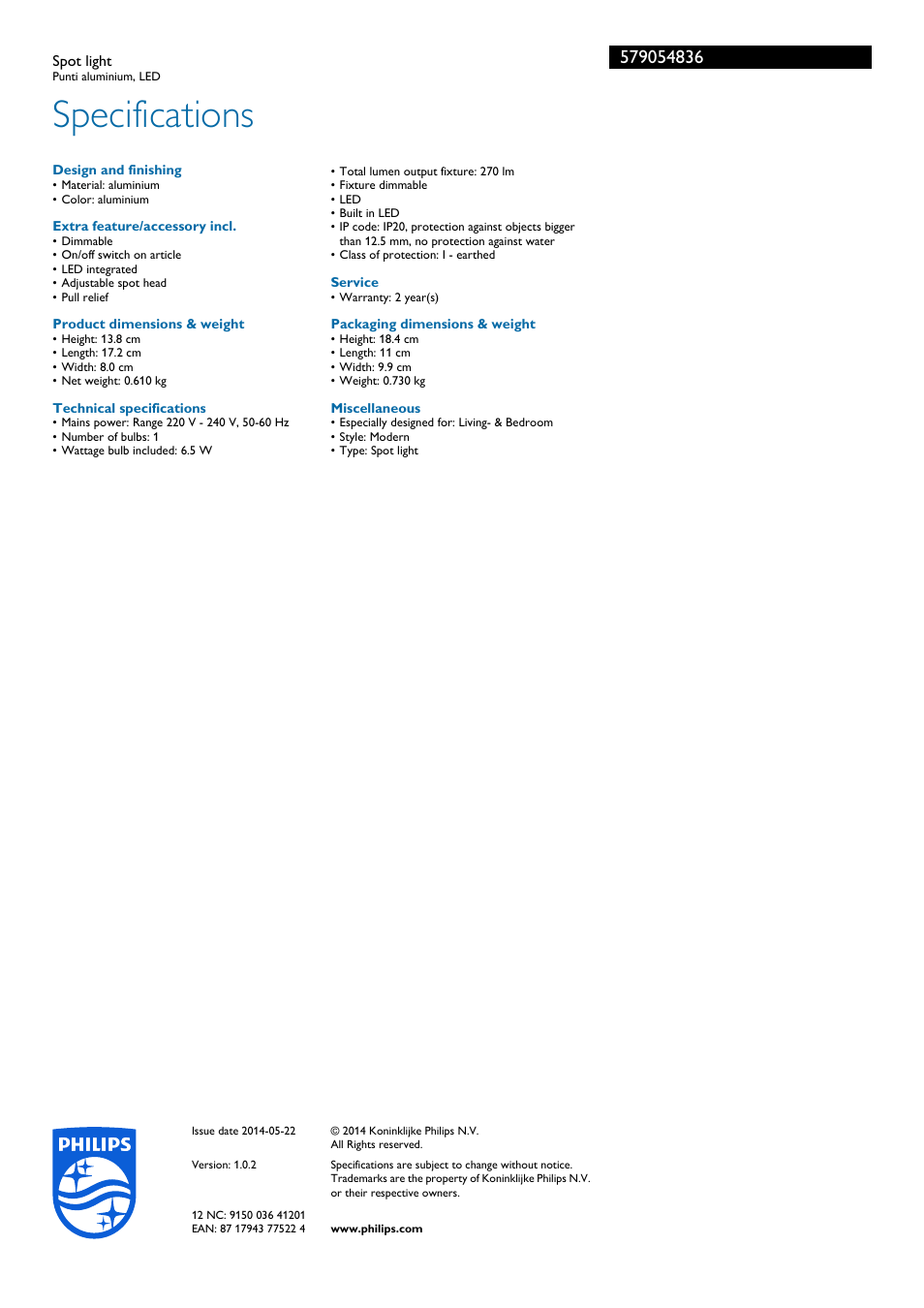 Specifications | Philips InStyle Spot User Manual | Page 3 / 3