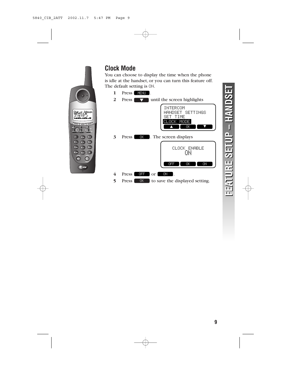 Clock mode, Fea ture setup – handset fea ture setup – handset | AT&T 5830 User Manual | Page 12 / 95