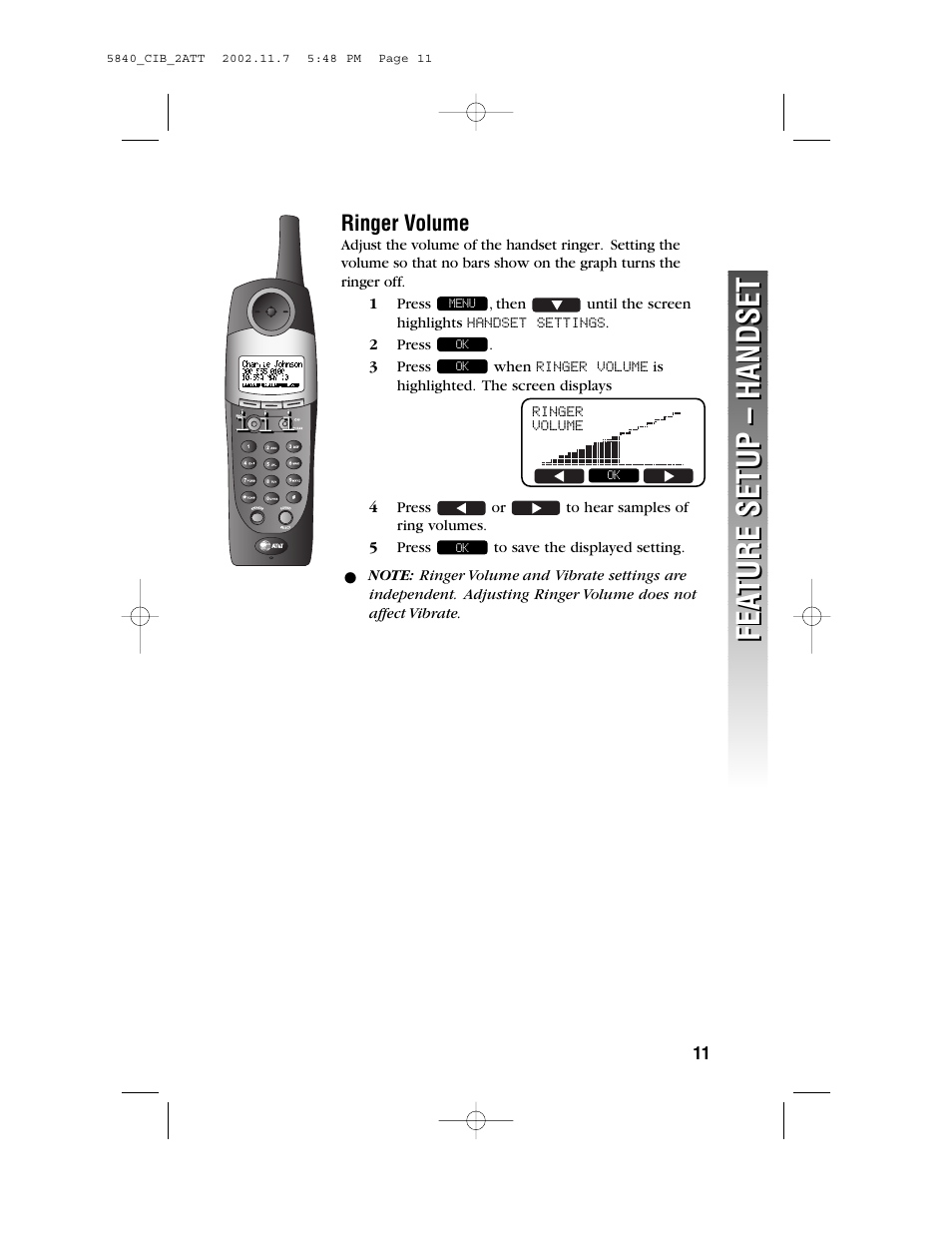 Ringer volume, Fea ture setup – handset fea ture setup – handset | AT&T 5830 User Manual | Page 14 / 95