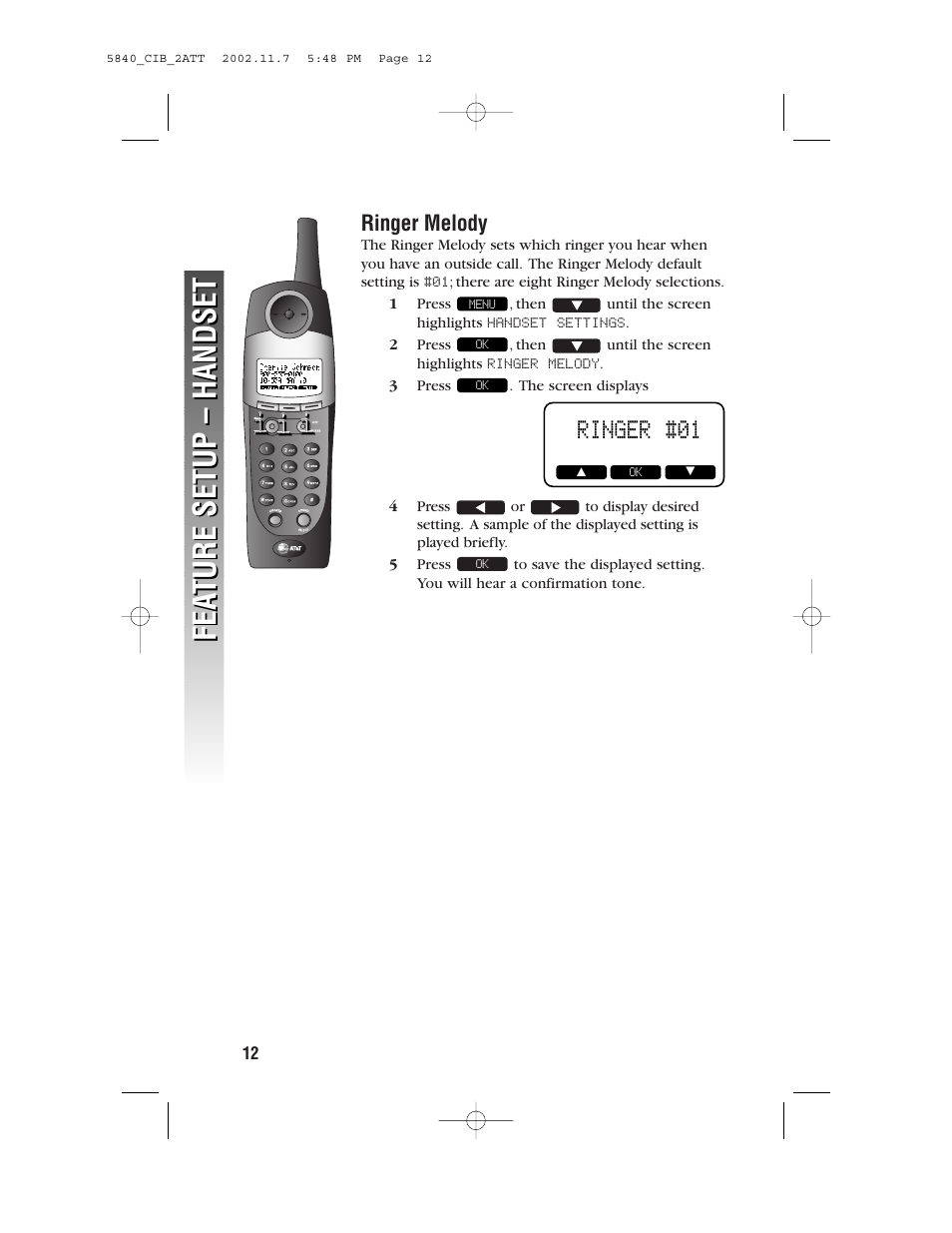 Ringer melody, Fea ture setup – handset fea ture setup – handset, Ringer #01 | AT&T 5830 User Manual | Page 15 / 95